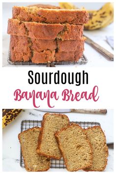 some type of bread that is cut into slices and sitting on a cooling rack with bananas in the background