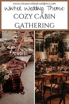 a collage of photos with the words winter wedding theme cozy cabin gathering