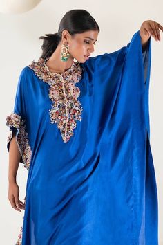 Royal blue kaftan with placement embroidery using resham, zardozi and suta work. Paired with a pant. - Aza Fashions Designer Wear Kaftan With Intricate Embroidery For Navratri, Designer Intricate Embroidery Kaftan For Navratri, Designer Navratri Kaftan With Intricate Embroidery, Silk Kaftan With Zari Work For Reception, Traditional Embroidered Kaftan For Reception, Embroidered Kaftan For Eid Reception, Eid Reception Embroidered Kaftan, Embroidered Kaftan With Traditional Drape For Reception, Embroidered Traditional Drape Kaftan For Reception