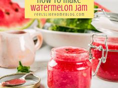 watermelon jam in a jar with spoons next to it