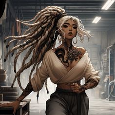 a woman with dreadlocks standing in a factory