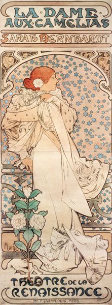 an art nouveau poster with a woman in white dress