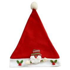 a red and white santa claus hat with pom poms on the brim