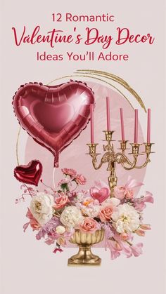 valentine's day card with flowers, candles and heart shaped balloons in the center