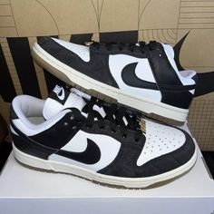 New Nike By You Dunk Low Panda Black White Gum Animal Fj2253-901 Women Sz 6.5 Brand New With Box Box Has No Lid Authentic Black Low-top Custom Sneakers, Nike Synthetic Skate Shoes With Contrast Sole, Black Low-top Skate Shoes With Cushioned Footbed, Black Sneakers With Cushioned Footbed And Medium Fit, Black Cushioned Sneakers Medium Fit, Nike Custom Sneakers With Contrast Sole, Black Leather Skate Shoes With Contrasting Heel, Black Leather Skate Shoes With Contrasting Heel Counter, Streetwear Low-top Sneakers