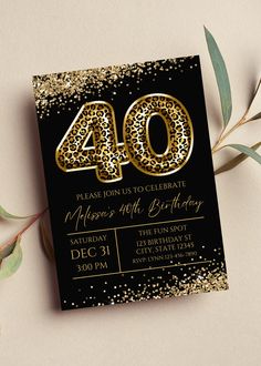 a black and gold birthday party card with the number forty on it's front