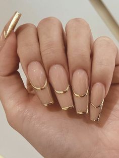 Gold Nail, Pretty Acrylic Nails, Chic Nails, Nail Arts, French Tip Nails, Gold Nails