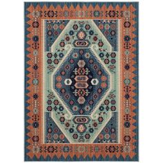 a blue and orange rug with an intricate design