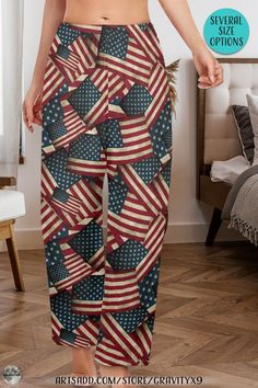 the american flag print pants are on display in front of a woman's stomach