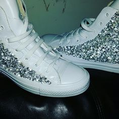 Leather Converse Bling Sneakers Leather Sneakers With Rhinestones And Round Toe, Silver Leather Party Sneakers, Leather Party Sneakers With Round Toe, Party Leather Sneakers With Rhinestones, Bling Sneakers, Leather Converse, Converse, Color White, Sneakers