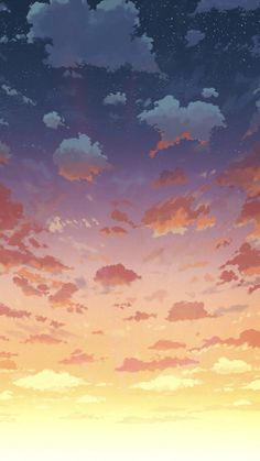 an anime scene with the sun setting and clouds in the sky, as well as sheep grazing