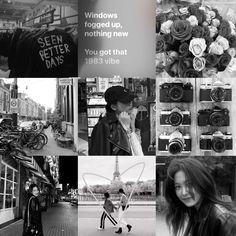 black and white collage with various images including people, buildings, street signs and cameras