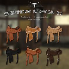 western saddles for adults and children are shown in different colors, shapes and sizes