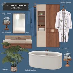 a bathroom with blue walls and wooden furniture, including a bathtub, sink, mirror, robe rack, potted plant, and other items