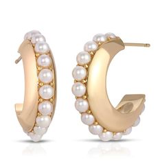 Genuine pearls give these gold hoops a sophisticated, yet fun look. These gorgeous earrings go perfectly with every outfit. Complete the look with our Pomona Pearl Ring. Composition-14k gold plating over brass. Genuine pearls. Closure- Push backs. Brand- Leeada. Pearl Earrings Designs, Forever Jewelry, Pearl Hoop Earrings, Jewelry Ring Box, Gold Hoops, Gorgeous Earrings, Wedding Earrings, Jewelry Sales, Wedding Accessories