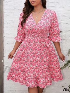 Zlily - Womens Plus Size Sophisticated Dress: Retro Floral Print Half Sleeve Shirred V Neck Dress for the Fashion-Forward Cheap Casual Floral Print V-neck Dress, Feminine Floral Print V-neck Dress For Summer, Cheap Short Sleeve V-neck Floral Print Dress, Pink Non-stretch V-neck Midi Dress, Spring V-neck Floral Dress With Rose Print, Non-stretch Pink Floral Print Midi Dress, Floral Printing, Dress Retro, Forever 21 Floral Print V-neck Dress