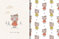 two different wallpapers with animals on them and one has a bear in a dress