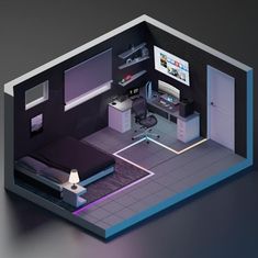 a room with a bed, desk and television on the wall is shown in this low poly rendering