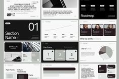 a bunch of different types of powerpoint presentation templates on a gray and black background