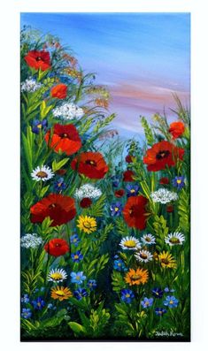 an oil painting of wildflowers and daisies in a field by the ocean