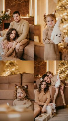 a family posing for christmas pictures in their living room