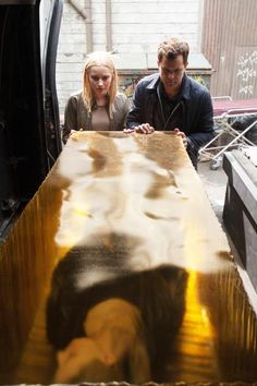 a man and woman standing in the back of a truck looking at something on the ground