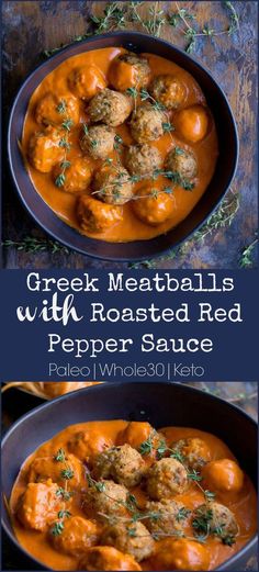 two bowls filled with meatballs covered in tomato sauce and garnished with fresh herbs