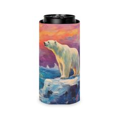 a painting of a polar bear standing on an iceberg in the ocean at sunset