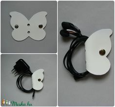 four different images of butterfly shaped hair clips with wires attached to the back of them