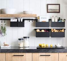 the kitchen counter is clean and ready to be used as a storage unit for food