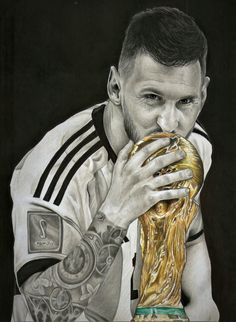 a drawing of a man holding a soccer ball in his hand and biting it with both hands