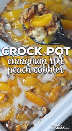 crock pot cinnamon apple peach cobbler recipe in a white casserole dish