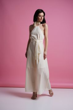 "A light summer dress featuring maxi length, tie neck , and open shoulders. - tie neck - open shoulders - sleeveless - matching fabric belt - long skirt - a-line silhouette - lined Fiber: 100 % cotton Color: milky white For size S: length- 55\" (140 cm) Our model wears size S (US 6) and is 177cm/5'9\" tall. You may feel free choosing the size. Just send us your measurements (bust, waist, hips, height). We will define your correct size. MORE DRESSES: https://www.etsy.com/shop/TAVROVSKA?ref=hdr_sh Skater Dresses Casual, Mandarin Dress, Light Summer Dresses, White Halter Dress, Tie Neck Dress, Summer Linen Dresses, White Maxi, Wiggle Dress, Tie Dress