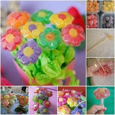 there are many different candies in the pictures and one has flowers on it with lollipops sticking out of them