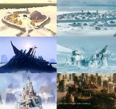 four different pictures with the same theme in each one, including an iceberg and snow castle