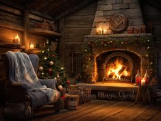 a cozy fireplace with christmas decorations and lit candles