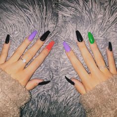 Purple Green Black Nails, Purple Green Orange Nails, Black Purple Green Nails, Black Orange Purple Nails, Purple Orange Black Nails, Orange Black Purple Green Halloween Nails, Halloween Nails Orange Purple, Halloween Nails Green And Purple, Black And Green Halloween Nails