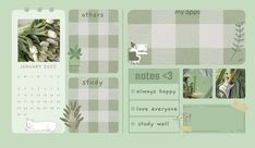 a green and white calendar with images of animals, plants and other things on it