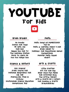 a poster with the words youtube for kids written in black and red on white paper