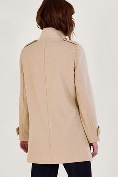 Reality check: It's coat season. Designed in a soft wool blend and high neckline, this coat is here to see your through the chillier months. What's that catching your eye? It's the oversized gold buttons on the military-style double breasted front. As part of the journey to make our clothes kinder to the world around us, this item was made using more sustainable raw materials, such as organic cotton, recycled polyester and viscose from responsibly grown forests. Prom Dress Shoes, Petite Coat, Cold Weather Outfits, Reality Check, Petite Tops, Girl Coat, Weekend Wear, Pea Coat