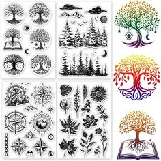 various tree tattoos with different designs and colors on them, including the symbols for trees