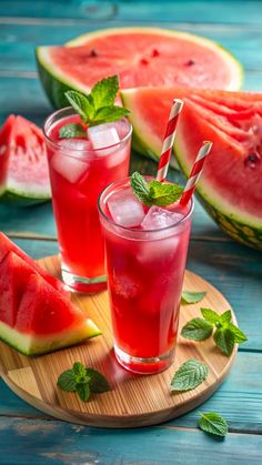 watermelon and mint mojits on a wooden tray with slices of watermelon