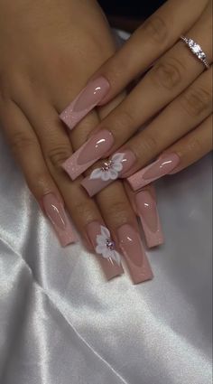 Nails With Acrylic Flowers Design, Rhinstone Patterns Nails Long, Medium Nails Baddie, Pink Quince Nails Short Simple, Tapered Square Nails Designs Ideas, Sweet 16 Nails Short, Acrylics With Flowers, Short Nails With Gems, 16 Nails