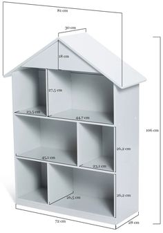 a white doll house with shelves and measurements