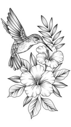 a black and white drawing of a hummingbird flying over flowers