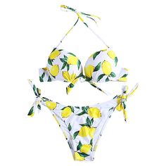 Halter Neck Lemon Print Backless Knotted Underwired Padded Women Bikini Set - White - 5B52349312 - Women's Clothing, Women's Swimwear  #WomensSwimwear #Women's #Clothing # #Women's #Swimwear Adjustable Tropical Swimwear For Summer, Adjustable Printed Swimwear For Summer, Printed Adjustable Swimwear For Summer, Adjustable Yellow Swimwear For The Pool, Yellow Tie-side Bottom Swimwear For Beach, Adjustable Yellow Swimwear For Vacation, Adjustable Swimwear For Beach Party Season, Adjustable Halter Neck Swimwear For Vacation, Beachwear Swimwear With Lemon Print For Beach