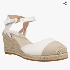 Nwt Cole Haan Cap Toe Espadrille Wedges In White & Tan Linen. Espadrille Accents And Wedge Platforms Lend Breezy Lift To A Lightweight Go-To In The Cloudfeel Ii Sandals By Cole Haan. 3" Espadrille Wedge Heel; 1/2" Platform Round Toe Buckled Ankle Strap Lightweight Jute Wedge With A Cored-Out Sole And Cushioned With Grandfam Technology For Added Comfort Comes From Pet And Smoke Free Home. White Adjustable Casual Espadrilles, Casual White Adjustable Espadrilles, White Adjustable Wedge Sandals With Round Toe, White Wedge Heel Espadrilles With Cushioned Footbed, White Adjustable Round Toe Wedge Sandals, Adjustable White Wedge Sandals With Round Toe, White Adjustable Round Toe Espadrilles, Adjustable White Closed Toe Espadrilles, Espadrille Wedge