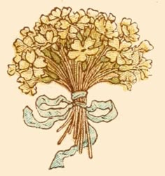 a drawing of a bouquet of flowers with ribbon tied around the stems, on a beige background