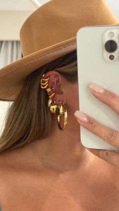 The Cabana Chunky Hoops – Jay Nicole Designs Chunky Gold Earrings Stack, Chunky Earring Stack, Chunky Gold Jewelry, Jewellery Photography Inspiration, Gold Drip, Chunky Gold Hoop Earrings, Multiple Ear Piercings, Cool Piercings, Wrist Jewelry