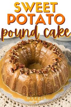 a bundt cake with pecans and caramel drizzle on top